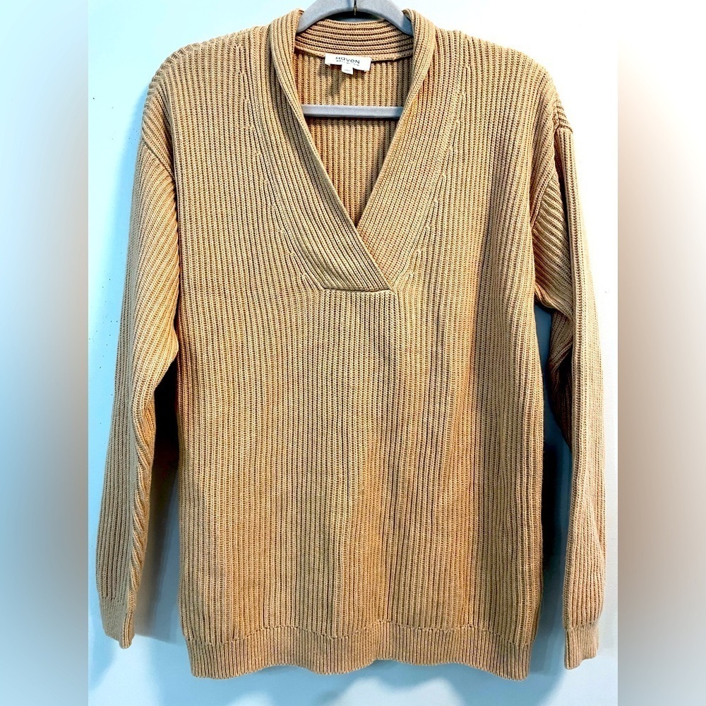 Haven Well Within, Small, beige chunky knit cotton cashmere blend V-neck sweater